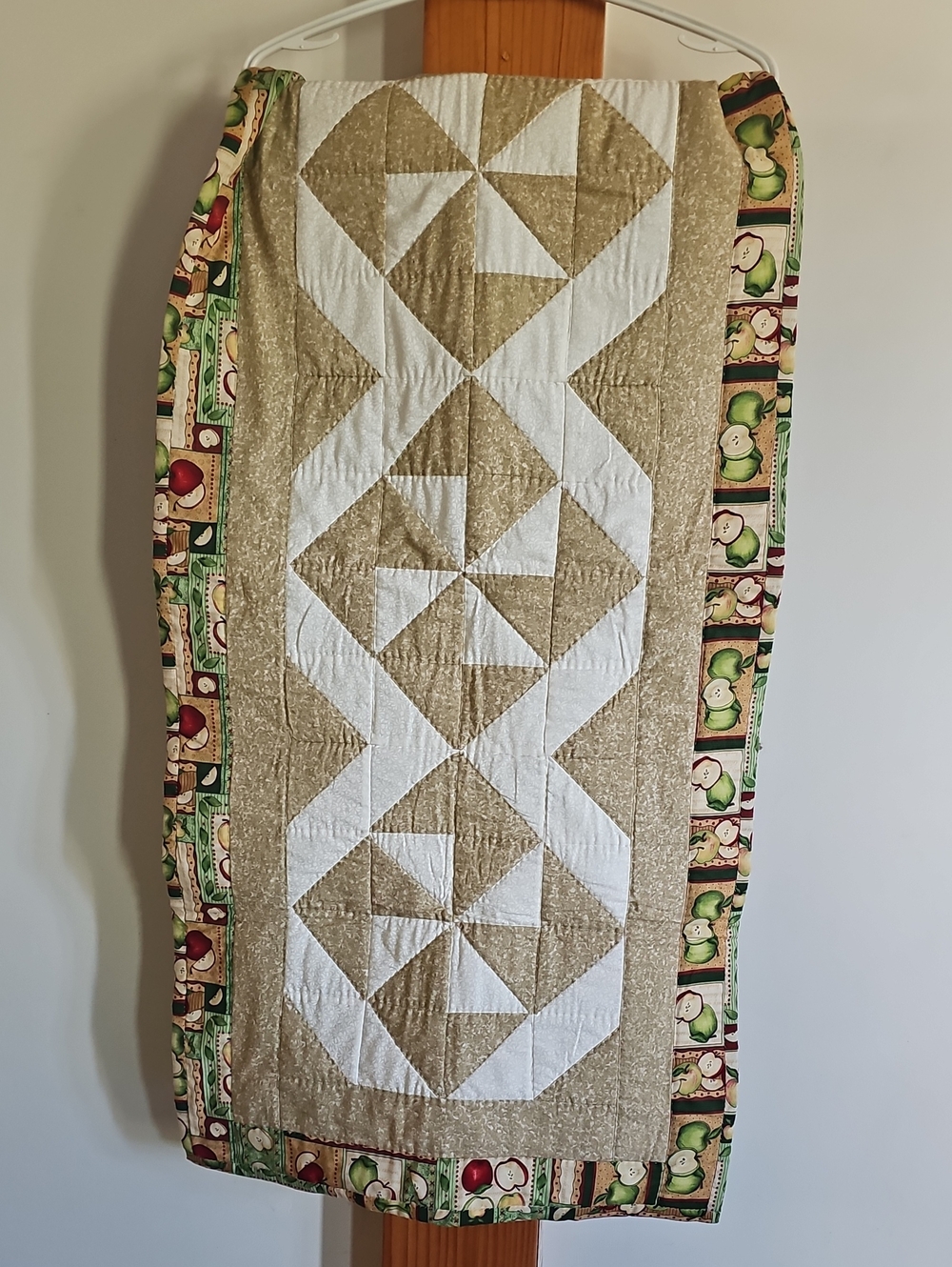 Handmade Cream and White Patchwork Table Runner with Apple-Print Border